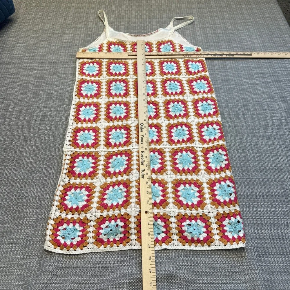 Crochet Granny Square Mini Dress Medium Cottagecore Retro‎ 70s Floral Sundress